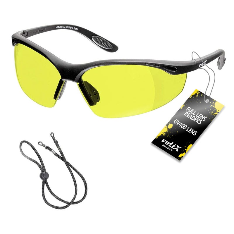 voltX 'Constructor' SAFETY READERS Full Lens Reading Safety Glasses (+1.5 Dioptre, Yellow) ANSI Z87.1+ & CE EN166F, Wraparound Style - Includes Safety Cord with headstop - UV400 anti fog coated lens - Image 4
